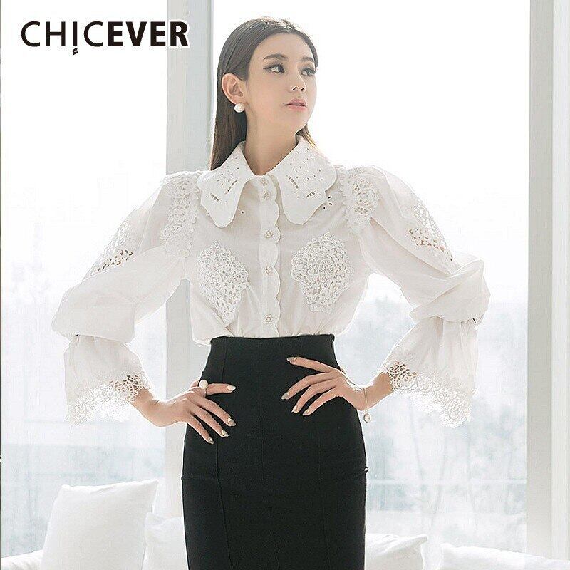 CHICEVER Spring Hollow Out Embroidery White Women Shirt Lapel Flare Collar Button Loose Slim Top Blouse 2019 Tide ホワイト ブラウス 刺繍 スプリング 春物 スリム 6base537700210496