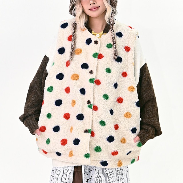 dot x check reversible boa vest　ドット×チェックリバーシブルボアベスト　J1655