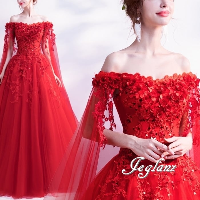 8色 ウエディング カラードレス オフショル 立体フラワー 7分袖(MB165)π