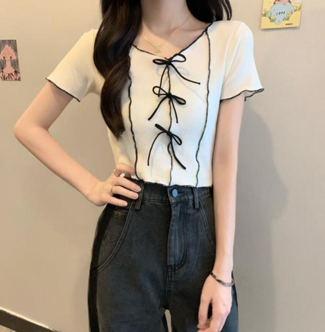 全5色 カットソー トップス リボン 甘め サマーニット ひらひら