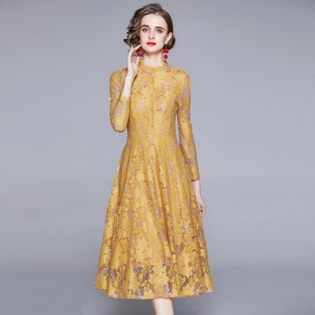 ワンピース レディース 送料無料 2色展開 フレアワンピース フレア ロングワンピース ロング丈 ミモレ丈 ミモレワンピース パーティードレス 総レース 刺繍 花柄 フラワー クルーネック 立ち襟 スタンドカラー 長袖 ロングスリーブ 前開き フロントボタン フィットアンドフレア Aライン 透け感 シースルー ゴージャス リュクス 華やか フェミニン スタイリッシュ 上品 エレガント おしゃれ お洒落 エキゾチック カッコイイ かっこいい 大人女子 抜け感 モダン 春服 秋服 披露宴 結婚式 謝恩会 新作