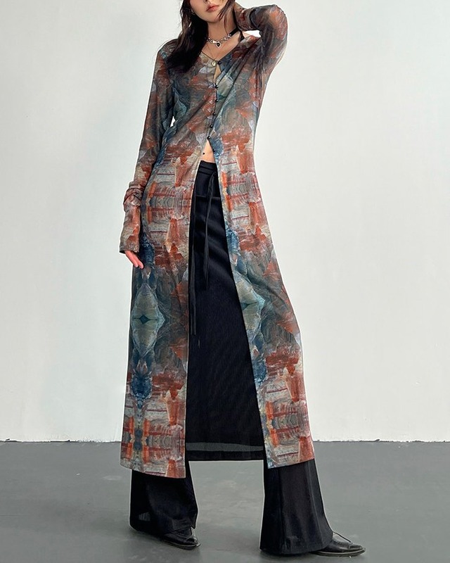 Abstract Front Button Long Cardigan［A0500］