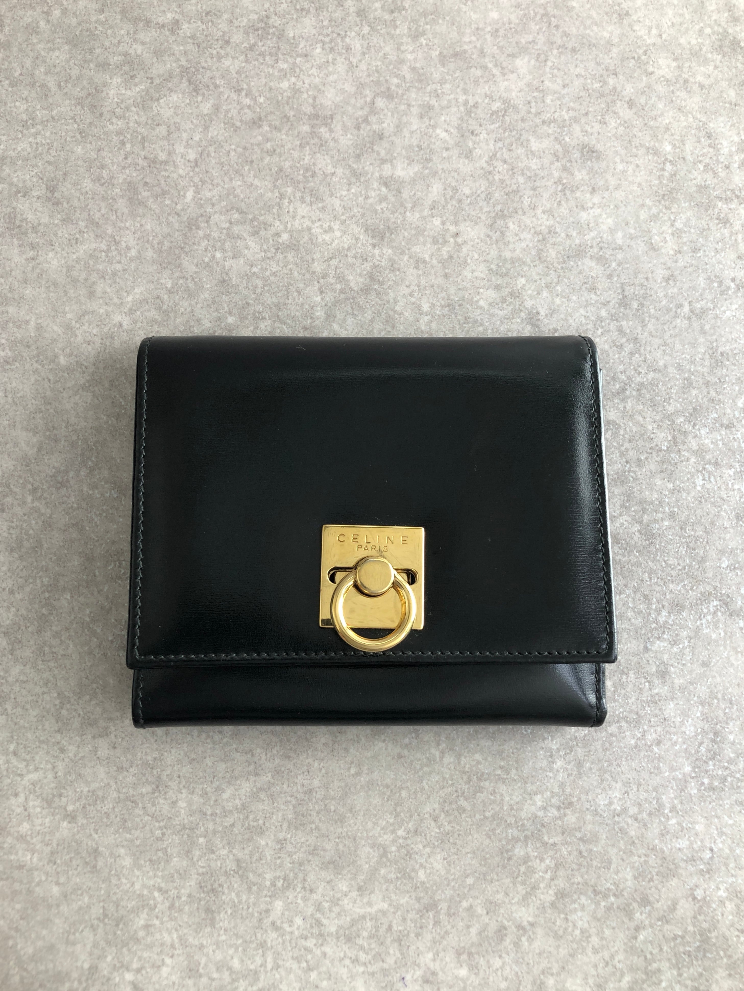 セリーヌ CELINE 三つ折り財布 ガンチーニ ブラック レザー ヴィンテージ CELINE セリーヌ 財布 ブラック ガンチーニ レザー 3つ折り vintage