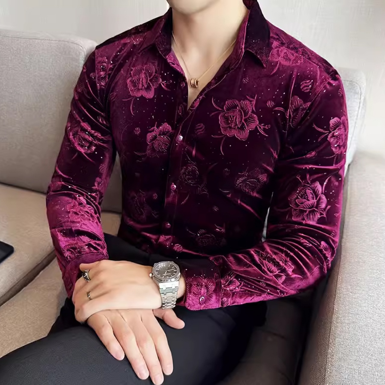 韓国スタイルにインスパイアされたゴールドベルベット素材のシャツ　SH037