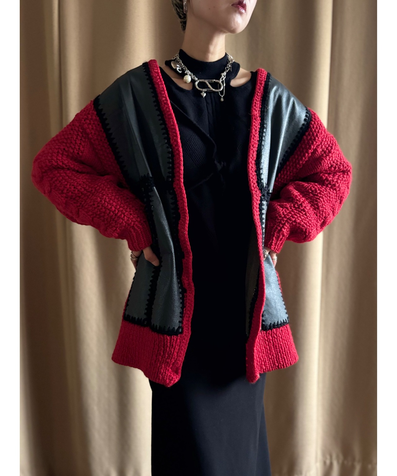 patchwork leather knit cardigan-5043-10