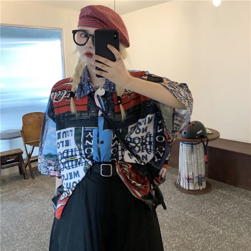 スタイルルーズシャツ スタンダードプリント柄 レトロ かわいい ケッペル46990217315