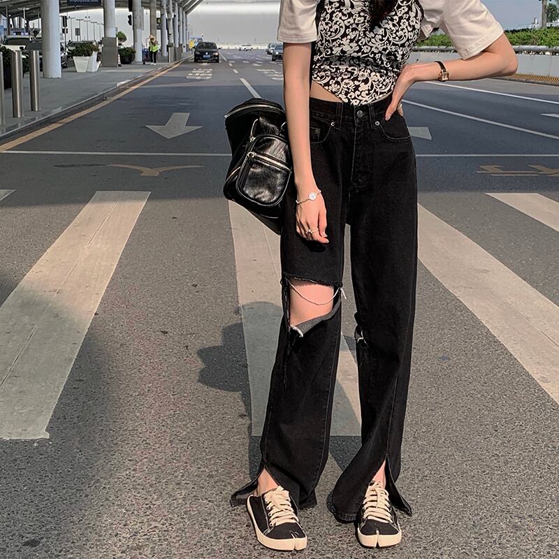 ブラックジーンズ サマールーズハイウェストウェストワイドレッグパンツ 夏物 ワイドパンツ クレセントシティ95641583946