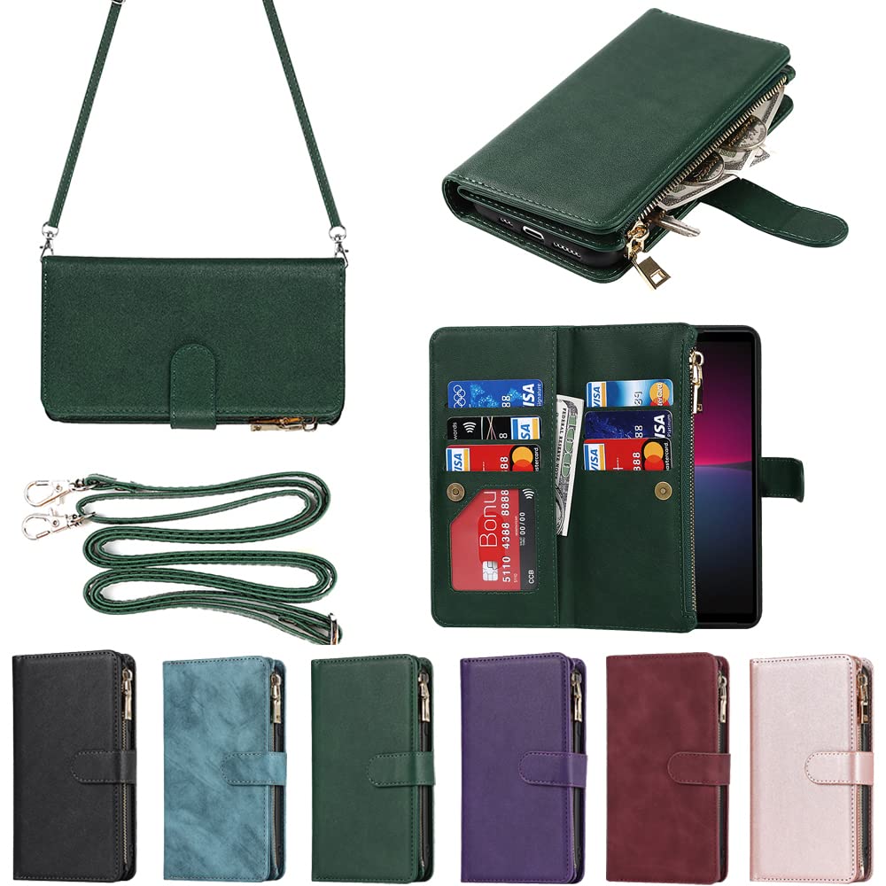 Eastwave for Xperia 10 IV ケース ソニー for Sony エクスペリア 10 IV SO-52C SOG07 縄掛けケース 手帳型 財布型 ICカード コインポケット ストラップ付き カード 収納 小銭入れ ファスナーポケット付き PUレザー 6色 グリーン