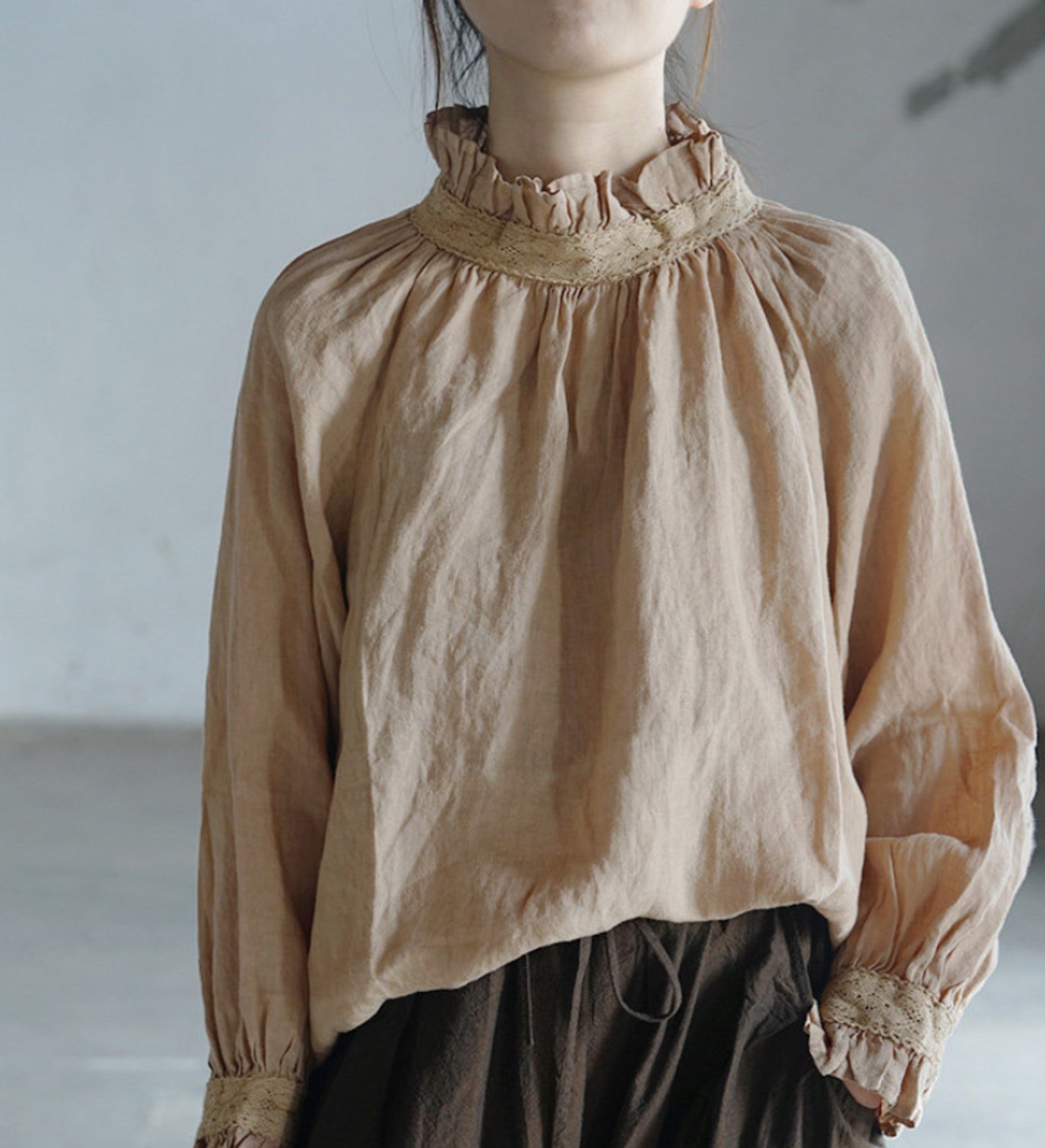 フレンチカントリー風 リネン スタンドカラーブラウス