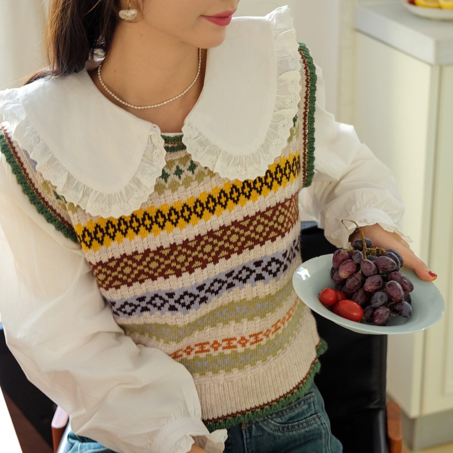 幾何学模様 マルチボーダー ニットベスト 00462