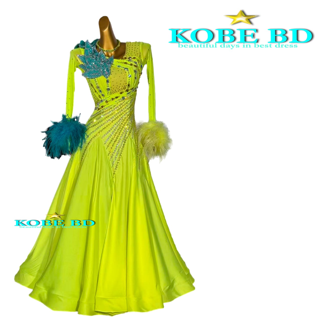 【社交ダンスドレス】⭐️【商品番号AIー 250804】スタンダードドレス /イエロー系フェザー