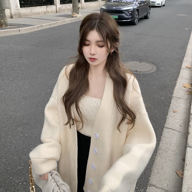 スプリングオータムホワイトセーター レディースルーズニットカーディガンジャケット 春物 秋物 スーパーモール8238777966