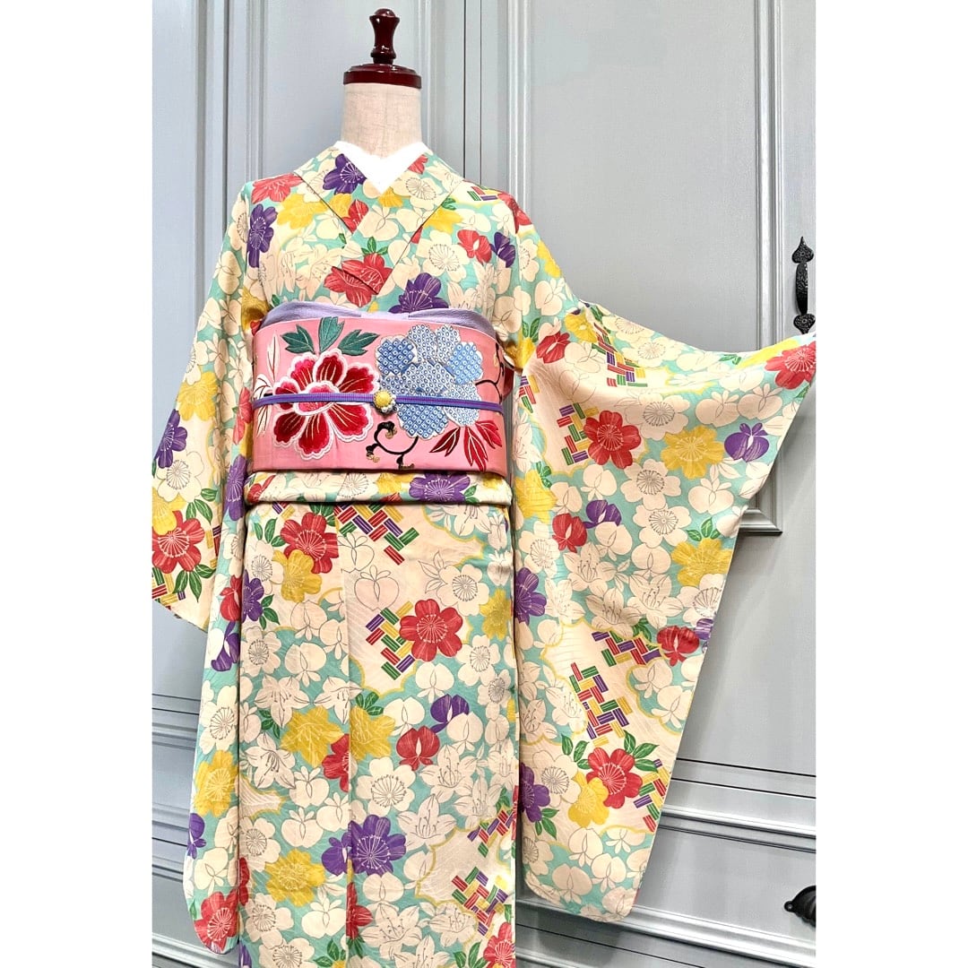 単衣＊春空に降りそそぐ花々＊アンティーク小紋着物 A252 | kimono tento