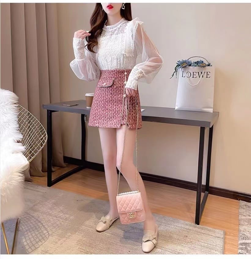 set】絶対欲しいセットアップフリルブラウス+ツイードスカート N-1613