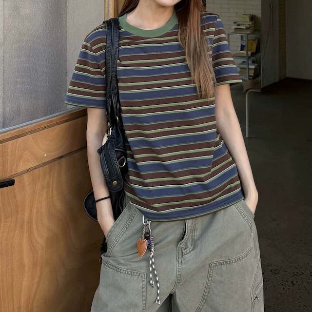 レトロボーダーワンポイントスリムフィットTシャツ 1col R02468