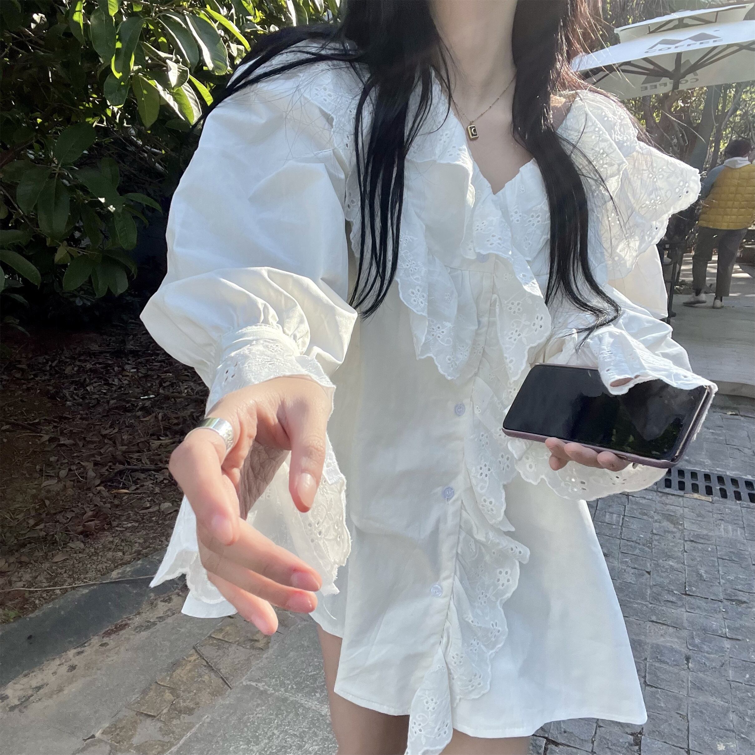 Vネック フリル シャツワンピース ワンピース シャツ プルオーバー