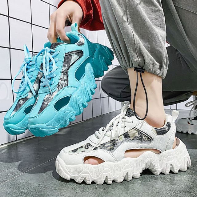 【予約販売】サンダル メンズ 厚底 カジュアル スニーカー風  靴 ブルー/ホワイト×ブラック/ホワイト×イエローー お洒落 こなれ感 24.5cm/25cm/25.5cm/26cm/26.5cm/27cm