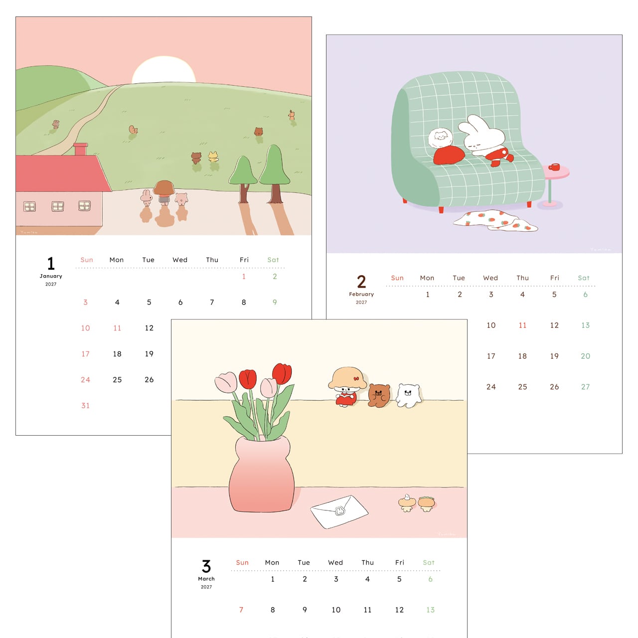2027カレンダー(壁掛け) るーしーとくまとときどきむくみちゃん ーと、みんなー