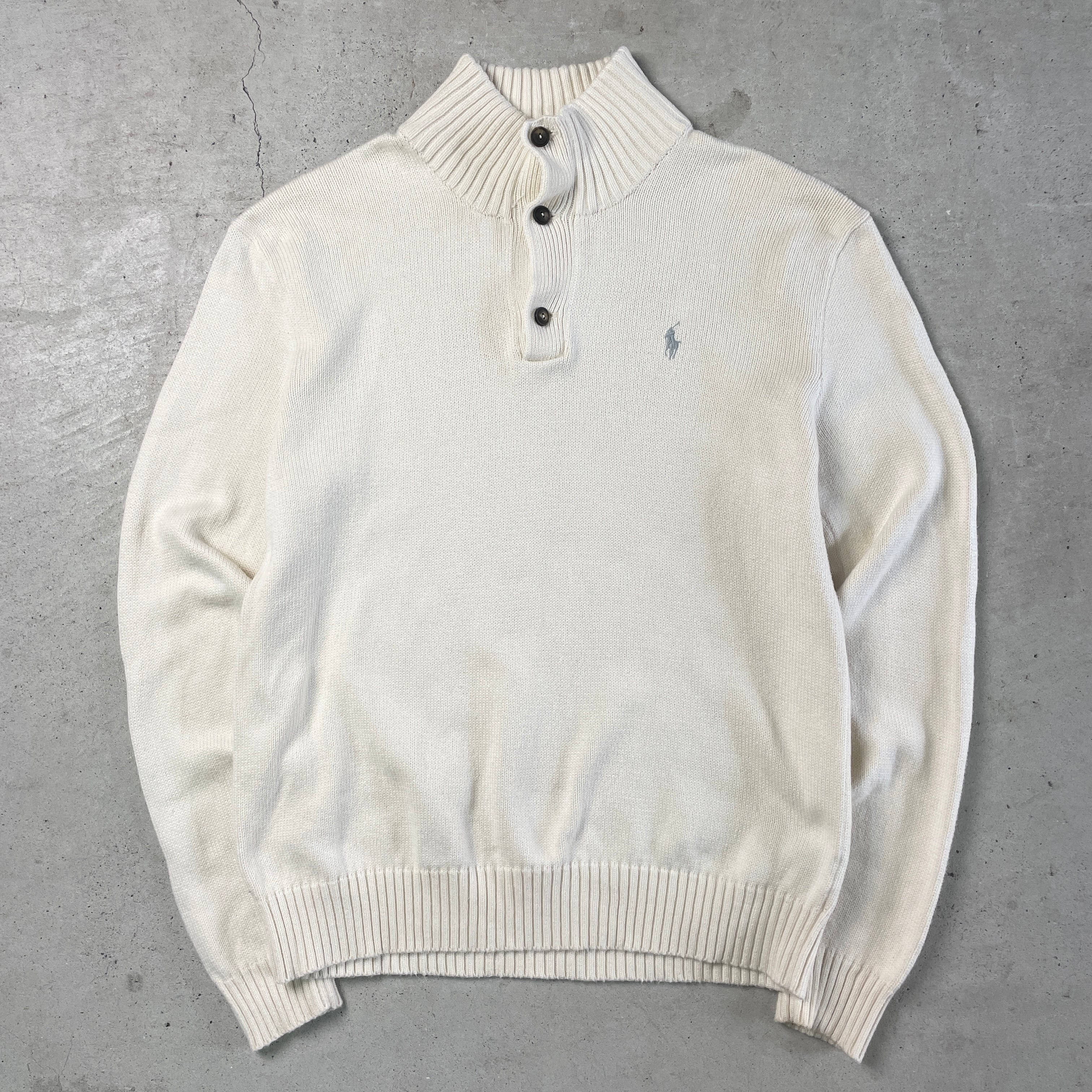 Polo by Ralph Lauren ポロバイラルフローレン ハーフボタンコットン ニットセーター メンズM 古着 ハイネック  オールドラルフローレン オフホワイト 白 ワンポイントロゴ刺繍 【ニットセーター】 | cave 古着屋【公式】古着通販サイト