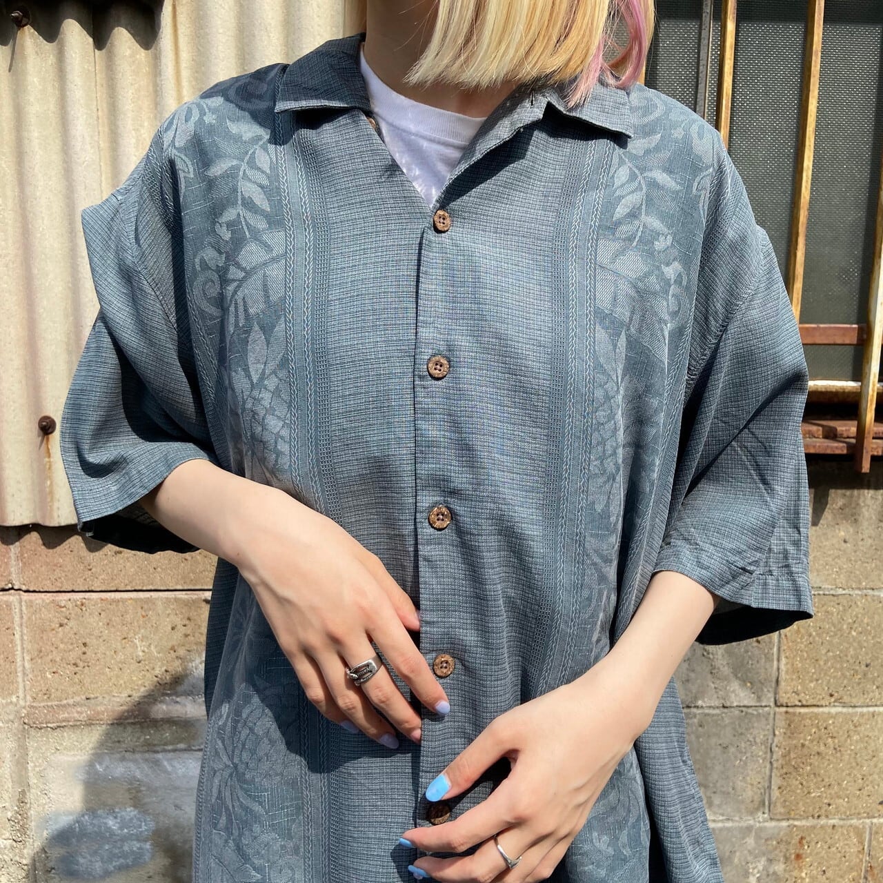 レトロトミーバハマ 総柄シャツ シルク エスニック ネイティブ柄 青色XL