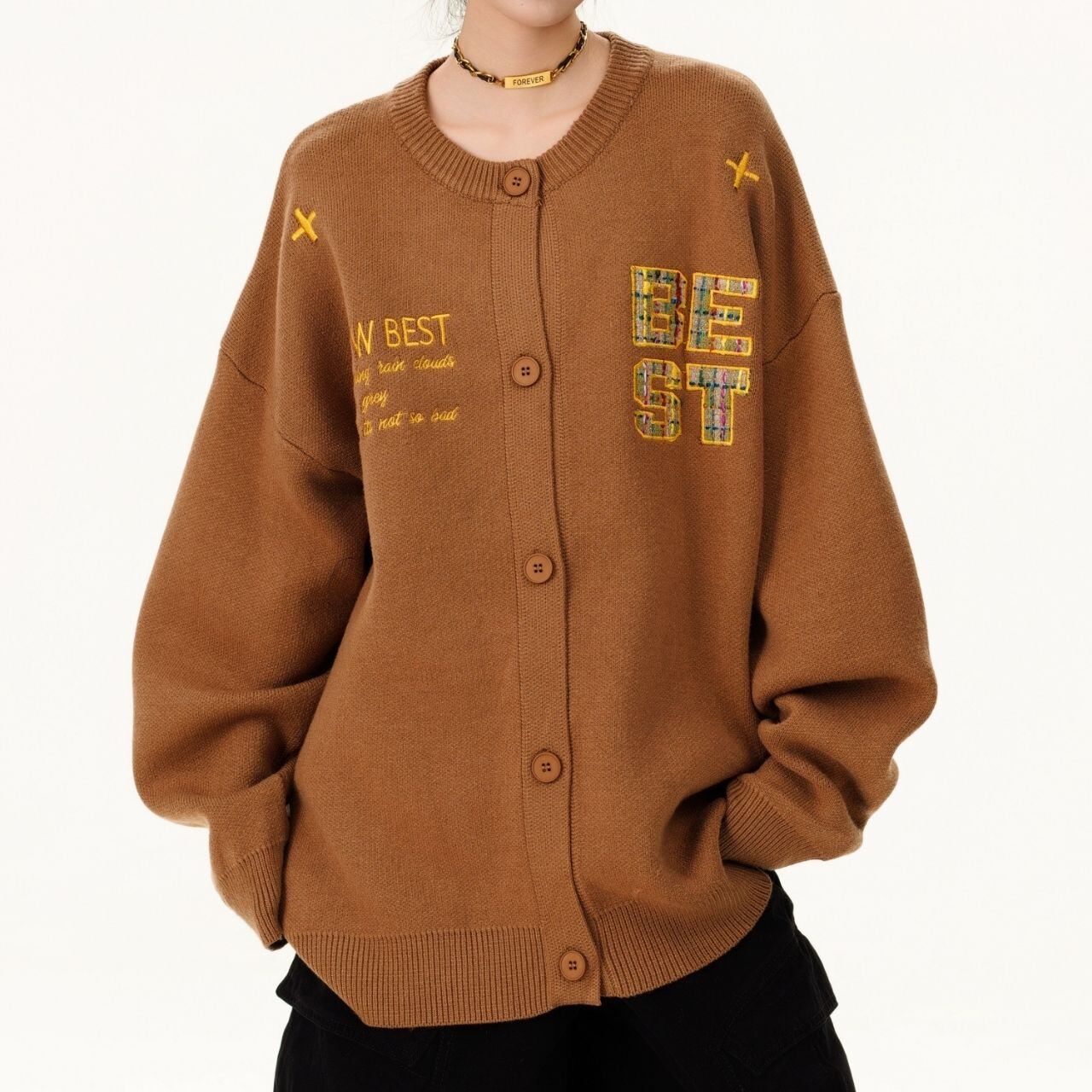 バックロゴレタードロップショルダーカーディガン 2col R01339