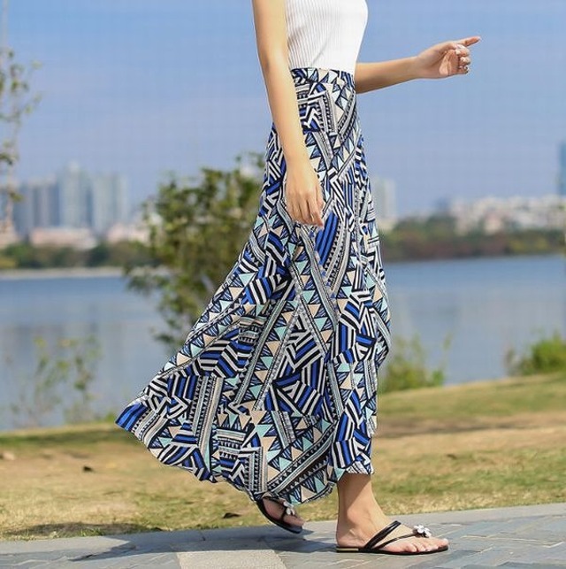 ロングスカート コーデ 40代 30代 代 ワンピース ロング丈 幾何学柄 およばれ ハイウエスト ラップスカート カジュアル プール おしゃれ きれいめ 通勤 韓国風 ブルー 春夏 リボン Dress No Sato