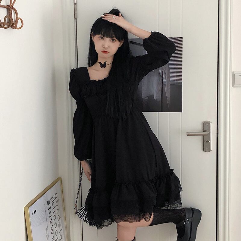 ダークレースブラックドレス スプリングカラースリーブスカート 大人ガーリー スウィート キュート カジュアル 春物 スクウェア ステッチ 萌量不足89732751096