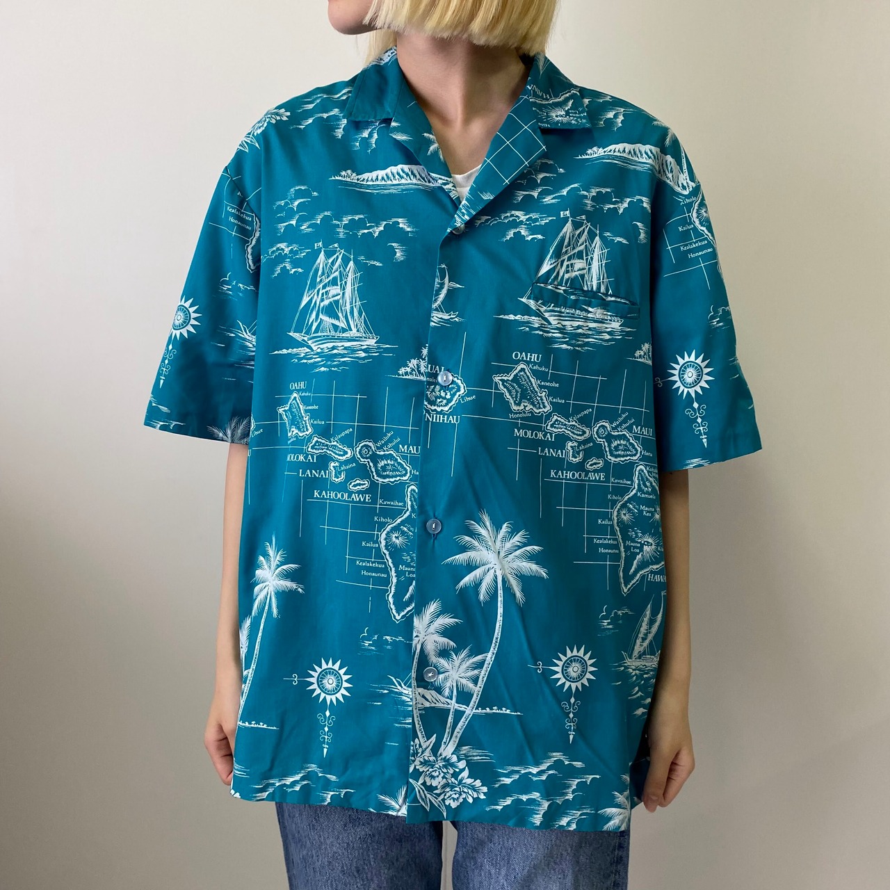 ハワイ製 70年代 ROYAL CREATIONS HAWAII 総柄 開襟 ハワイアンアロハ 
