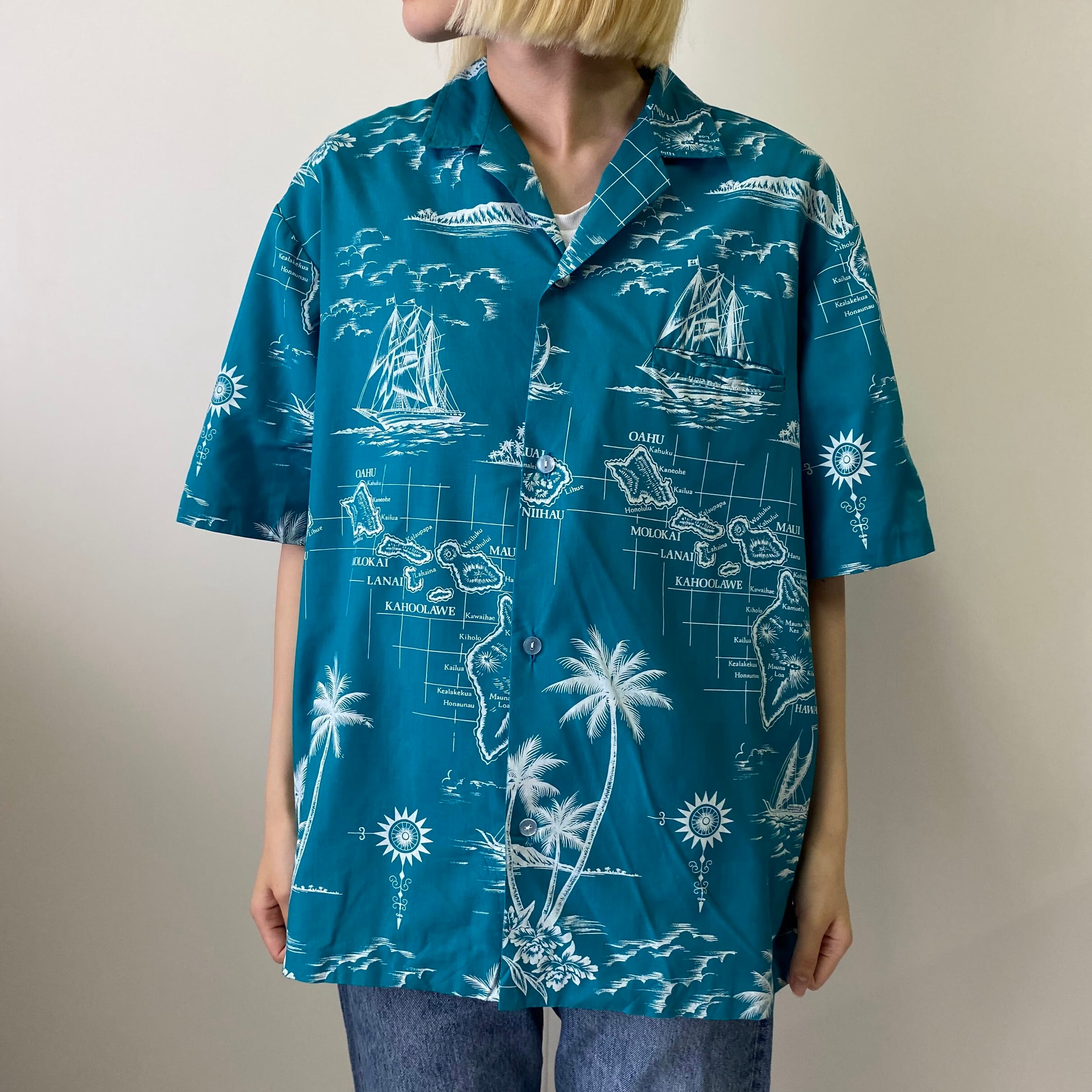 ハワイ製 70年代 ROYAL CREATIONS HAWAII 総柄 開襟 ハワイアンアロハ 