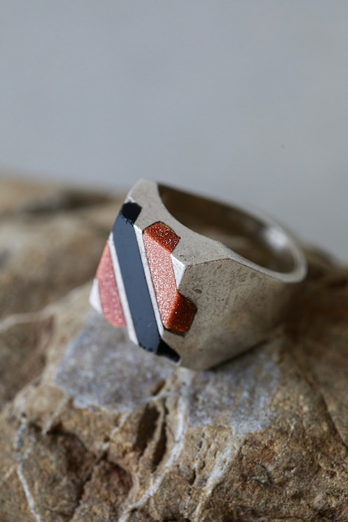 Geometric Onyx & Goldstone Modernist Ring (Post-1979, Taxco, Mexico)