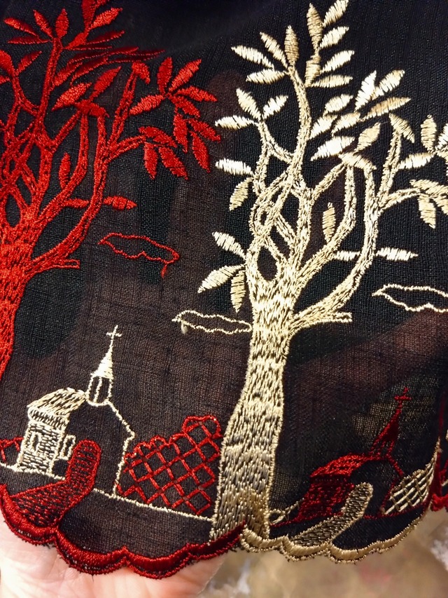教会と樹木の刺繍スカラップ黒ワンピース/13号サイズゴスロリレトロアンティークヴィンテージ