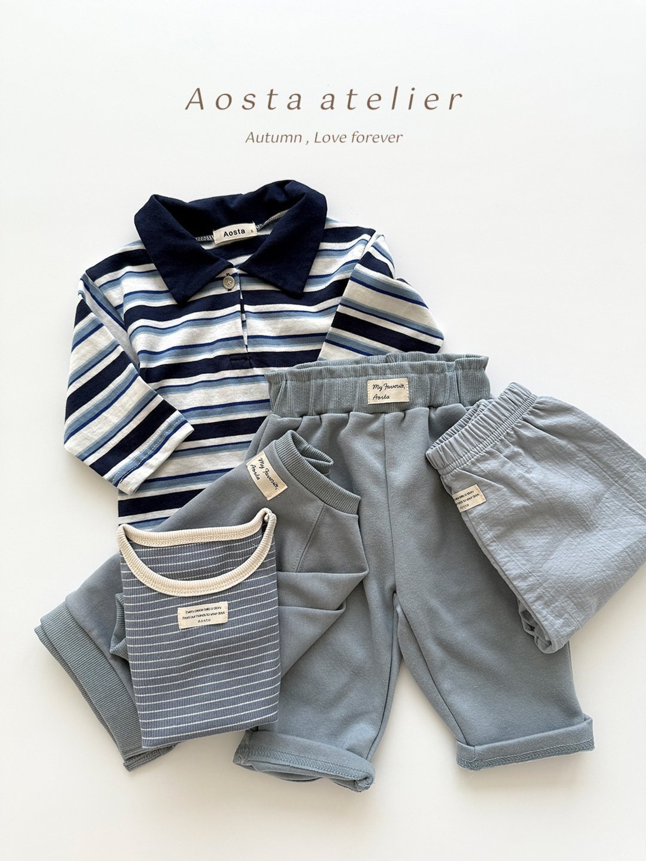 【Aosta】MomentボーダーリブTシャツ くすみブルー 70~90cm - 2