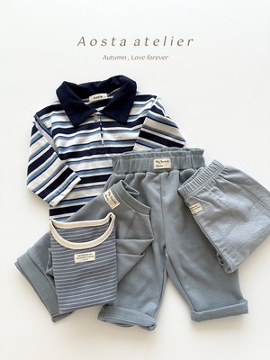 【Aosta】MomentボーダーリブTシャツ くすみブルー 70~90cm
