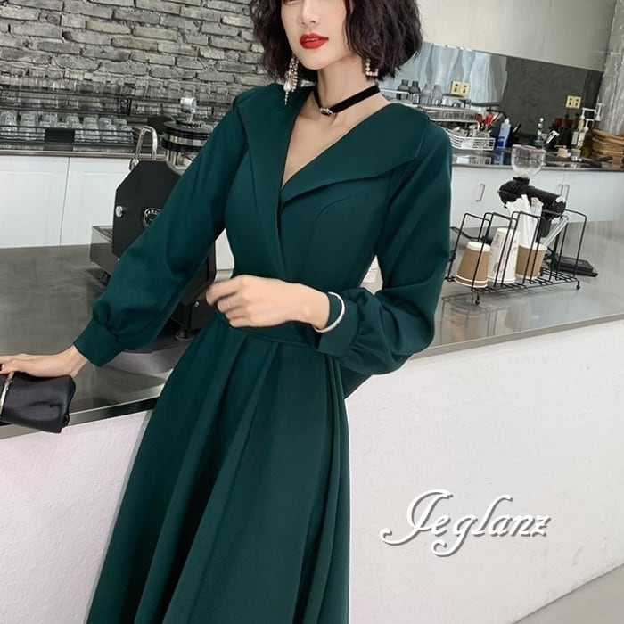 パーティ イブニングドレス 襟付き 共ベルト Aライン 上品( M8819)ζ