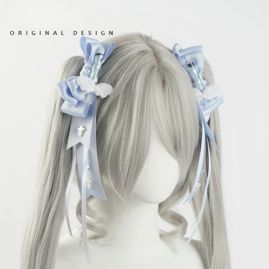 天使界隈を彩る透明感|注射器と十字架が映える、あざとかわいいリボンクリップ(2点セット)