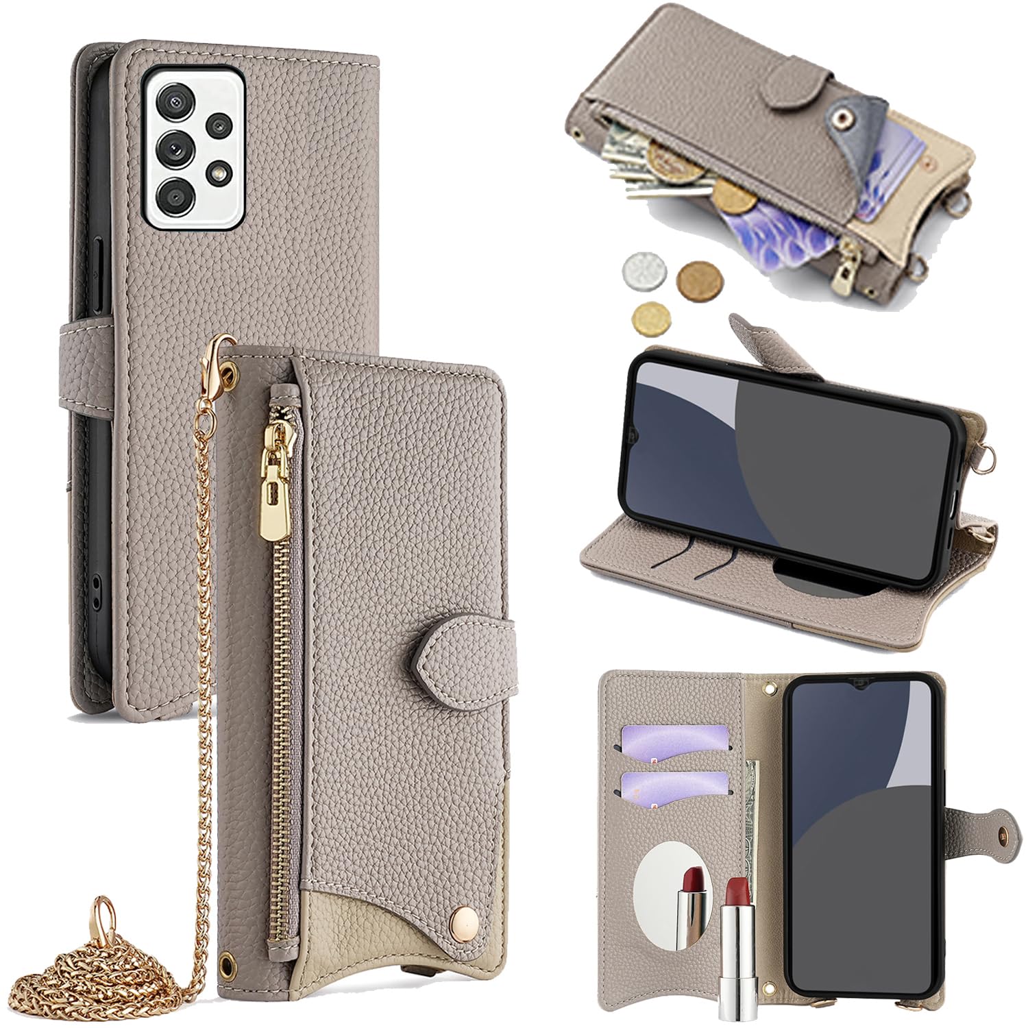 For Galaxy A53 5G ケース 手帳型 ショルダー For ギャラクシーA53 5G SC-53C/SCG15 カバー 財布型 肩掛け 横+縦 2掛け方 斜めがけ 化粧鏡付き おしゃれ ジッパー小銭入れ カード収納 横置き ロングストラップ 耐汚れ PUレザー 防指紋 高耐久性 女性用 贈り物 COCOCLOUD グレー