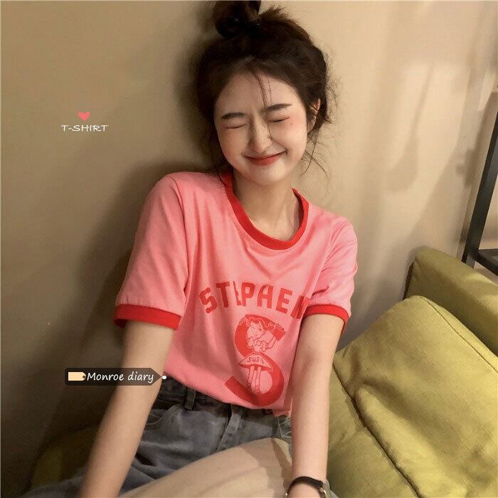 プリントTシャツ サマールーズトップス ピンク 夏物 モンロー35054771410
