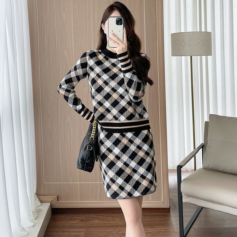 【set】チェック柄ニットトップス×スカートセット Q6649