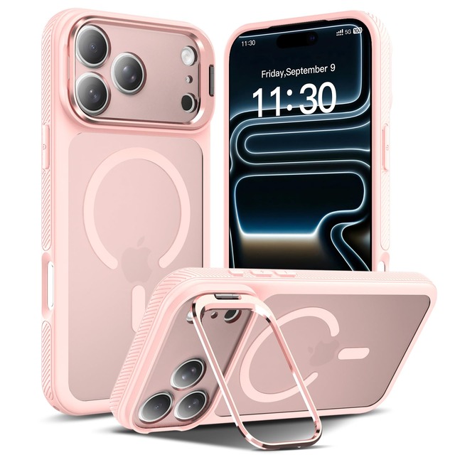 Mankera【スタンド機能・MagSafe対応】iPhone 17pro 用 ケース 耐衝撃 隠しスタンド内蔵 ワイヤレス充電対応(ライトピンク)