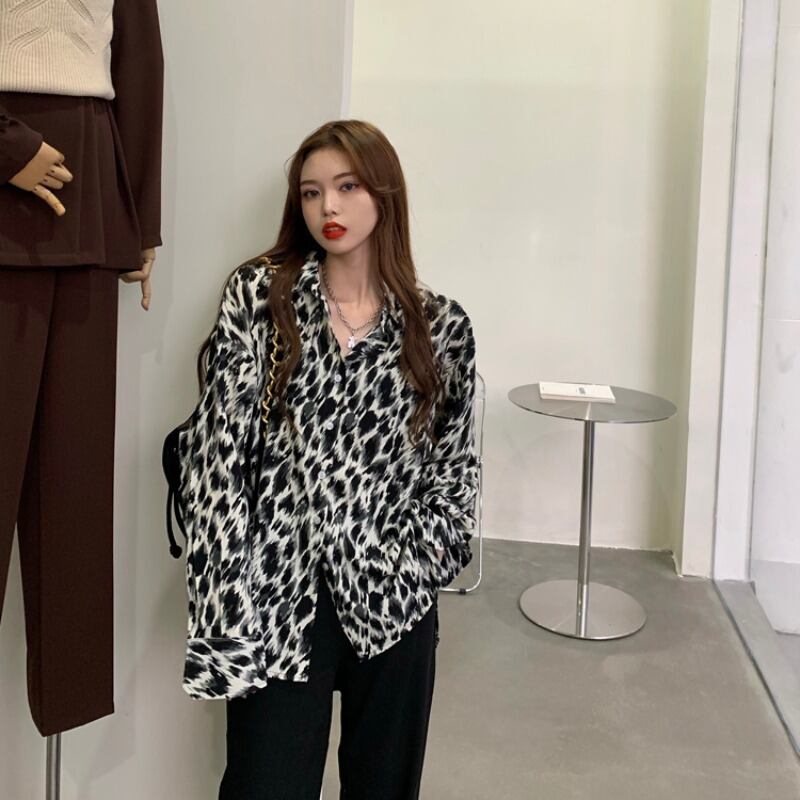 オータムスタンダードプリントシフォンシャツ ルーズトップス ロング レトロ 秋物 ドラファッションホール23749812526