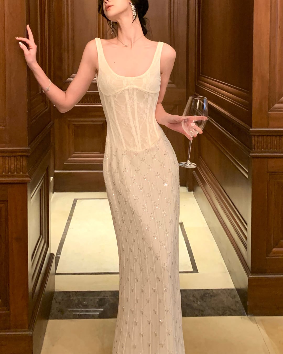 バックオープンレースマーメイドロングワンピース S26018