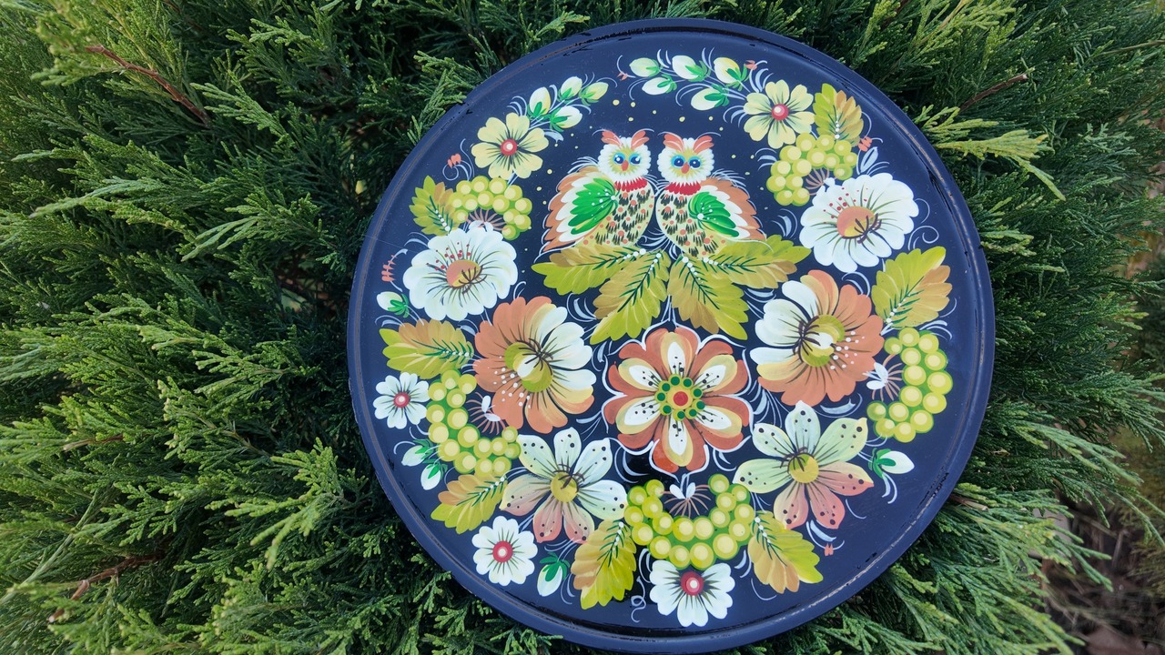 ペトリキフカ塗り　木製プレート 24 cm（Khomenko作）ふくろう - 2