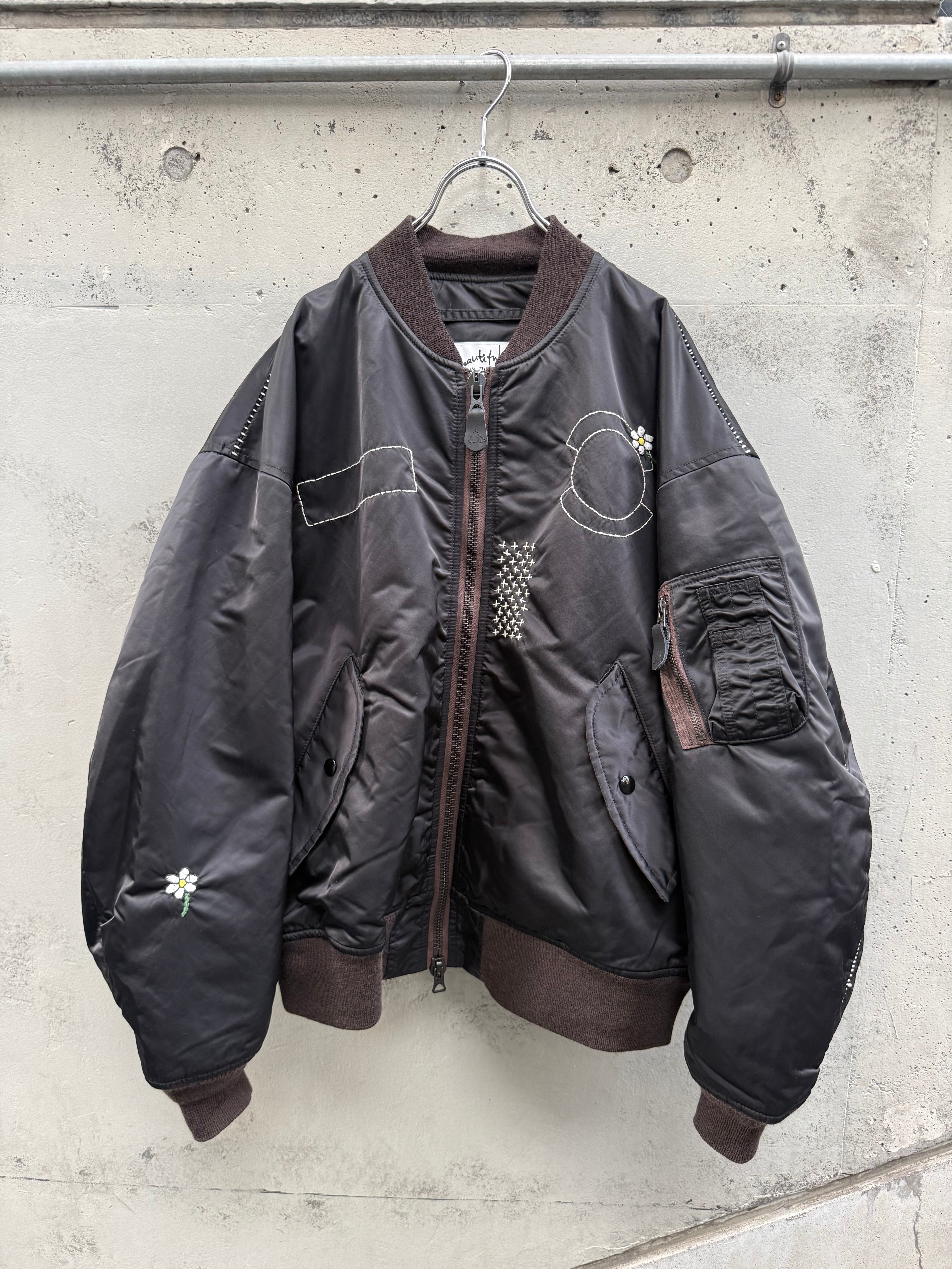 『my beautiful landlet』NYLON MA-1 BLOUSON - embroidery / BLACK