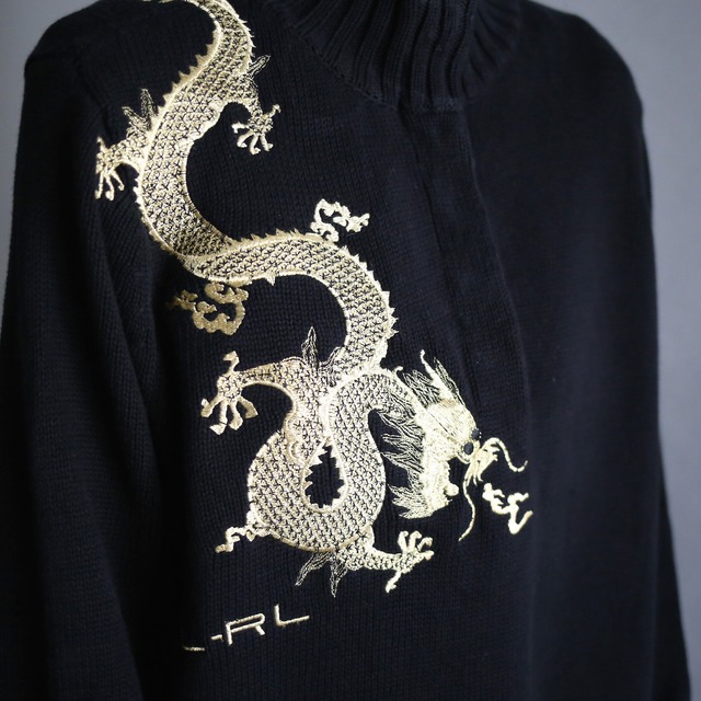 "RALRH LAUREN" 刺繍×龍 middle-neck half button pullover knit