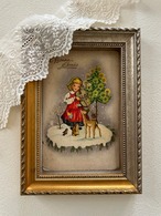 アンティークポストカード Bonne Anee ヴァイオリンを弾く少女とクリスマスツリー うさぎ 鹿 小鳥  額装 インテリア コレクション