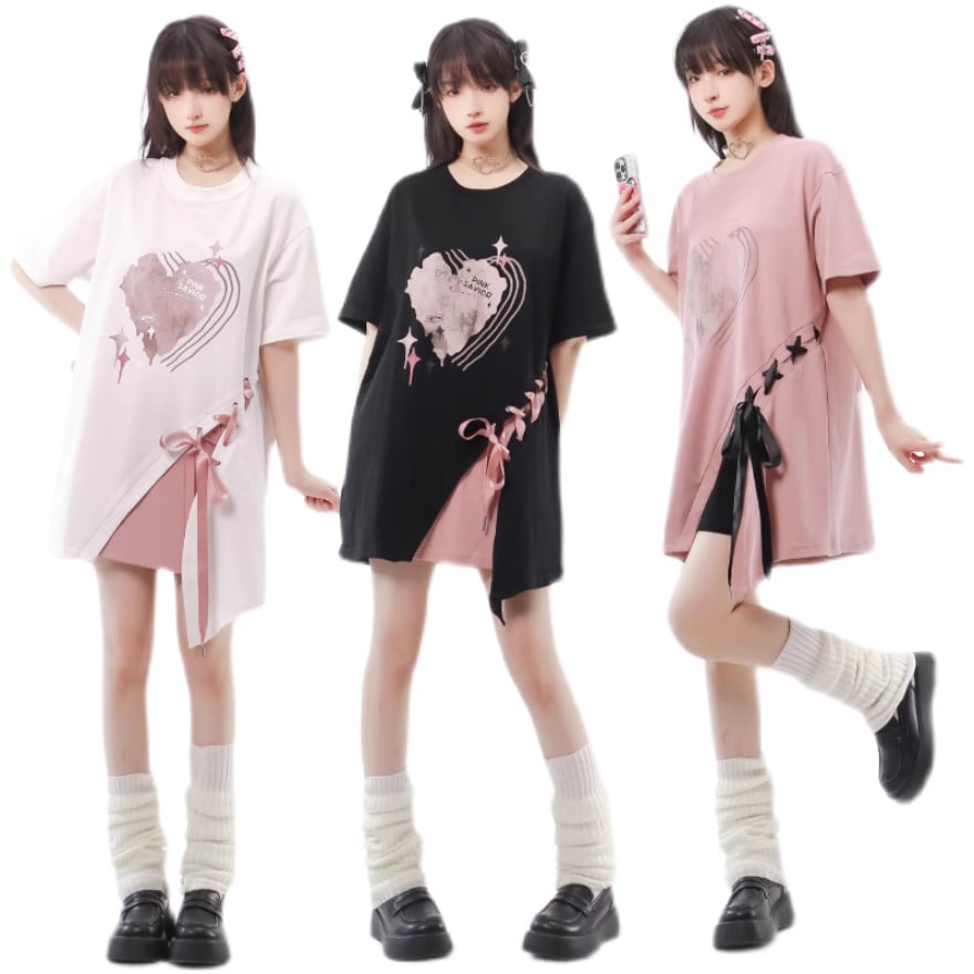 サブカル系 地雷 pinksavior Tシャツ 半袖 レースアップ