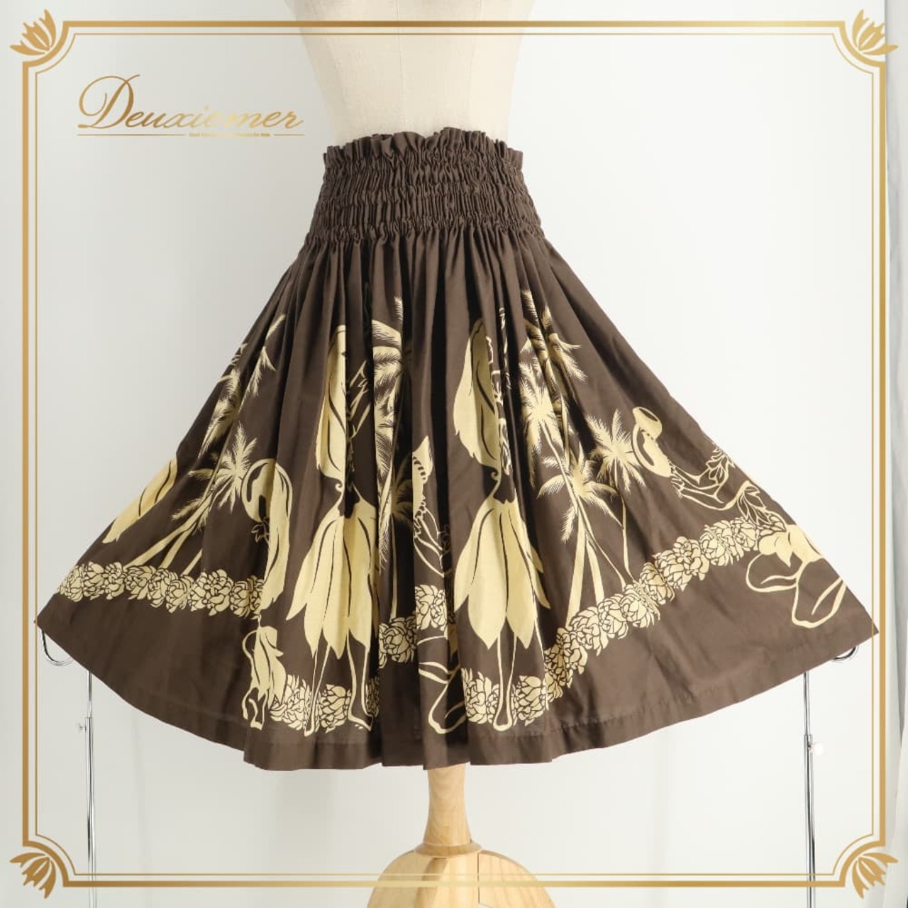 フラダンス 衣装 ALOHA FABRICS アロハファブリック パウスカート ブラウン系 植物柄 ダンサー柄 踊り子 ハワイアンプリント ハワイアン アロハ フラ ダンス レッスン 練習 シングル スカート フレア 茶 ベージュ系 華やか かわいい おしゃれ 上品 大人っぽい 練習着