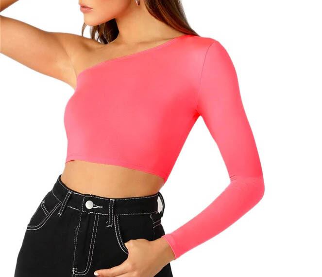 ワンショルダー 長袖トップス ネオンピンク 蛍光 ネオンカラー ダンス 衣装 イベント スポーツ