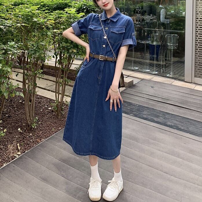 ワンピース レディース デニムワンピース L XL 2XL 3XL 4XL 大きいサイズ ミモレ丈 半袖 スリム 細身 Aライン ウエストマーク ポケット ハイウエスト ボタン デニム かわいい 大人可愛い シンプル カジュアル おしゃれ ストリート セクシー おとな ナチュラル こなれ感 キュート ガーリー 華やか 無地 通勤 学生 通学 デート お出かけ 女子会 散歩 カフェ巡り 街歩き ブルー 春 夏 10代 20代 30代 ママ 韓国系 着回し 普段使い 体型カバー コーデ モテ 送料無料
