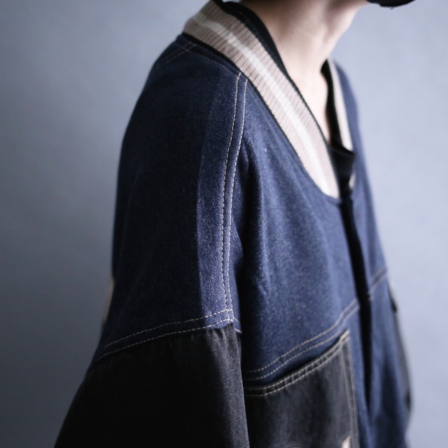 sweat × denim switching design over size stadium blouson